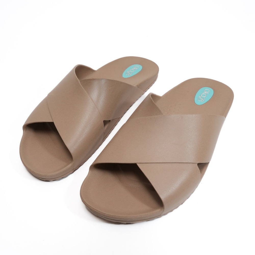 Oka-B Maxwell Slides Women Large 10-11 Taupe Brown Cross Strap Sandals USA